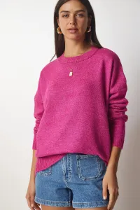 Šťastie İstanbul Dámske ružové Crew Krk Oversized Pletený sveter