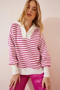 Happiness İstanbul Women's Bone Pink Striped Zipper Collar Oversized Knitwear Sweater