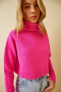 Happiness İstanbul Women's Vibrant Pink Turtleneck Crop Knitwear Sweater