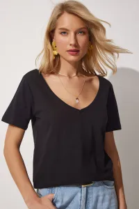 Happiness İstanbul Women's Black V-Neck Cotton Basic T-Shirt