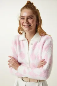 Happiness İstanbul White Pink Patterned Bearded Seasonal Crop Knitwear Cardigan
