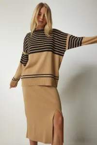 Happiness İstanbul Women's Biscuit Striped Sweater Skirt Knitwear Suit