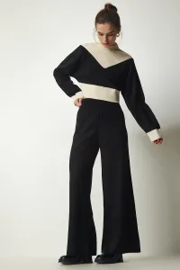 Happiness İstanbul Women's Black Color Block Sweater Pants Stylish Knitwear Suit