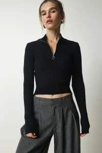 Happiness İstanbul Women's Black Zipper Ribbed Crop Knitwear Sweater