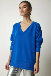 Happiness İstanbul Dámsky kobaltovo modrý mäkký pletený sveter s výstrihom do V #8304145