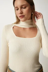 Happiness İstanbul Women's Cream Cut Out Detailed High Collar Ribbed Knitwear Sweater