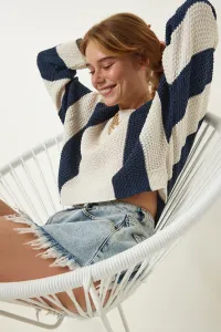 Happiness İstanbul Women's Cream Navy Blue Striped Seasonal Knitwear Sweater