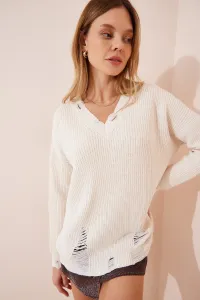 Happiness İstanbul Women's Cream V-Neck Ripped Detailed Knitwear Sweater