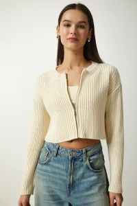 Happiness İstanbul Women's Cream Zippered Ribbed Crop Knitwear Cardigan