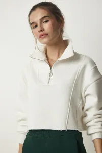 Happiness İstanbul Women's Ecru Zipper Raised Crop Knitted Sweatshirt #8506985