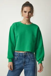 Happiness İstanbul Women's Green Crew Neck Raised Crop Knitted Sweatshirt