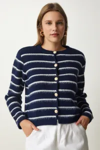 Happiness İstanbul Women's Navy Blue and White Stylish Buttoned Striped Knitwear Cardigan