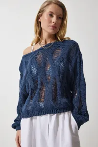 Happiness İstanbul Women's Navy Blue Boat Neck Seasonal Openwork Knitwear Sweater