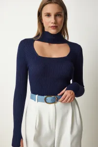 Happiness İstanbul Women's Navy Blue Cut Out Detailed High Collar Ribbed Knitwear Sweater
