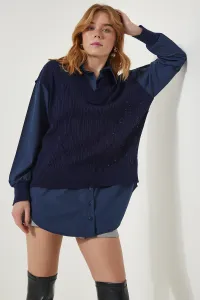 Happiness İstanbul Women's Navy Blue Shirt Oversize Knitwear Sweater