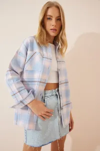 Happiness İstanbul Women's Sky Blue Check Stamped Jacket Shirt