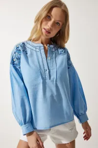 Happiness İstanbul Women's Sky Blue Embroidered Linen Blouse #9528116