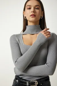 Happiness İstanbul Women's Stone Cut Out Detailed High Collar Ribbed Knitwear Sweater