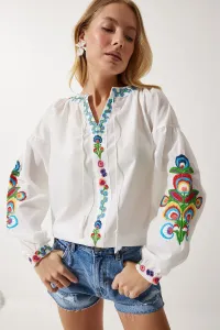 Happiness İstanbul Women's White Embroidered Balloon Sleeve Poplin Blouse #9233168