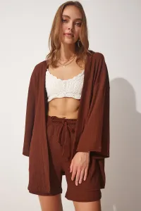 Happiness İstanbul Women's Brown Textured Kimono Set with Shorts #7573324