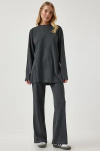 Happiness İstanbul Women's Anthracite Ribbed Knitted Blouse Pants Suit