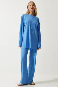 Happiness İstanbul Women's Sky Blue Ribbed Knitted Blouse Pants Suit