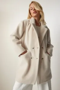 Happiness İstanbul Women's Cream Rabbit Hair Look Oversized Coat