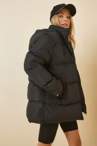 Happiness İstanbul Dámsky čierny oversized nafúknutý kabát s kapucňou #8811056