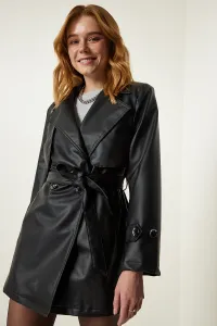 Happiness İstanbul Women's Black Faux Leather Double Breasted Collar Short Trench Coat #8970297