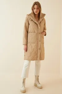 Happiness İstanbul Women's Cream Pocket Oversized Quilted Coat with a Hoodie