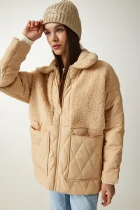 Happiness İstanbul Women's Latte Plush Detailed Quilted Coat