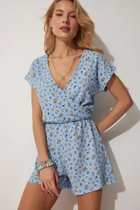 Happiness İstanbul Women's Sky Blue Patterned Overalls with Wrapover Collar
