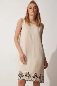 Šťastie İstanbul Dámsky krém Vyšívané Letné surové ľanové šaty A-Line