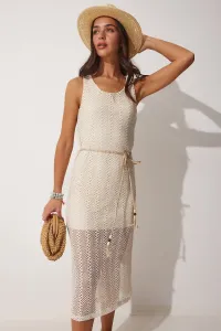 Happiness İstanbul Women's Cream Knitted Dress With A Rope Belt and Lace Texture