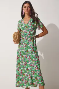 Happiness İstanbul Women's Dark Green Floral Viscose Summer Dress with a Hook, Wrapped Neckline