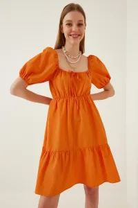 Šťastie İstanbul Dámske oranžové plisované golierové šaty Flare Poplin