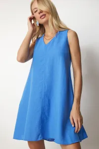 Happiness İstanbul Dámske modré ľanové šaty s výstrihom do V #7833037