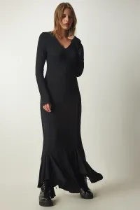 Happiness İstanbul Women's Dark Gray Premium V-Neck Ruffle Detailed Knitted Dress