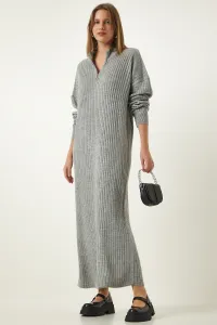 Happiness İstanbul Women's Gray Ribbed Oversize Knitwear Dress