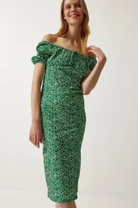 Happiness İstanbul Women's Green Patterned Gathered Knitted Dress
