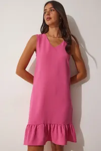 Šťastie İstanbul Dámske ružové volány s výstrihom do V Letné tkané šaty