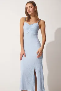 Happiness İstanbul Women's Sky Blue Straps and Slit Knitted Summer Dress
