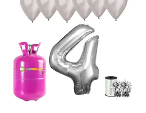HeliumKing Hélium párty set na 4. narodeniny so striebornými balónmi