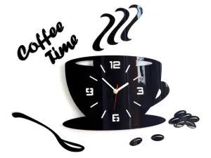 Moderné nástenné hodiny COFFE TIME 3D BLACK  (nalepovacie hodiny na stenu)