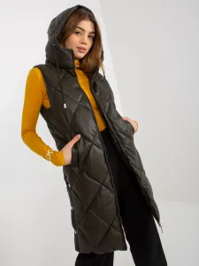 Tmavá khaki kožená prešívaná zateplená vesta s kapucňou - L