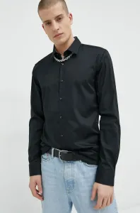 Bavlnená košeľa HUGO pánska, čierna farba, slim, s klasickým golierom #6260234