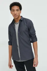 Bavlnená košeľa HUGO pánska, čierna farba, slim, s klasickým golierom #8138025