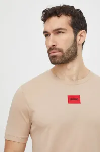 Bavlnené tričko HUGO béžová farba, s nášivkou