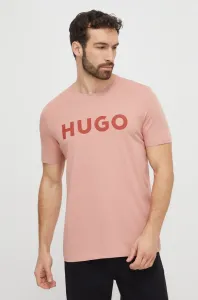 Bavlnené tričko HUGO pánsky,ružová farba,s potlačou,50467556