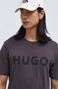 Bavlnené tričko HUGO šedá farba, s potlačou
